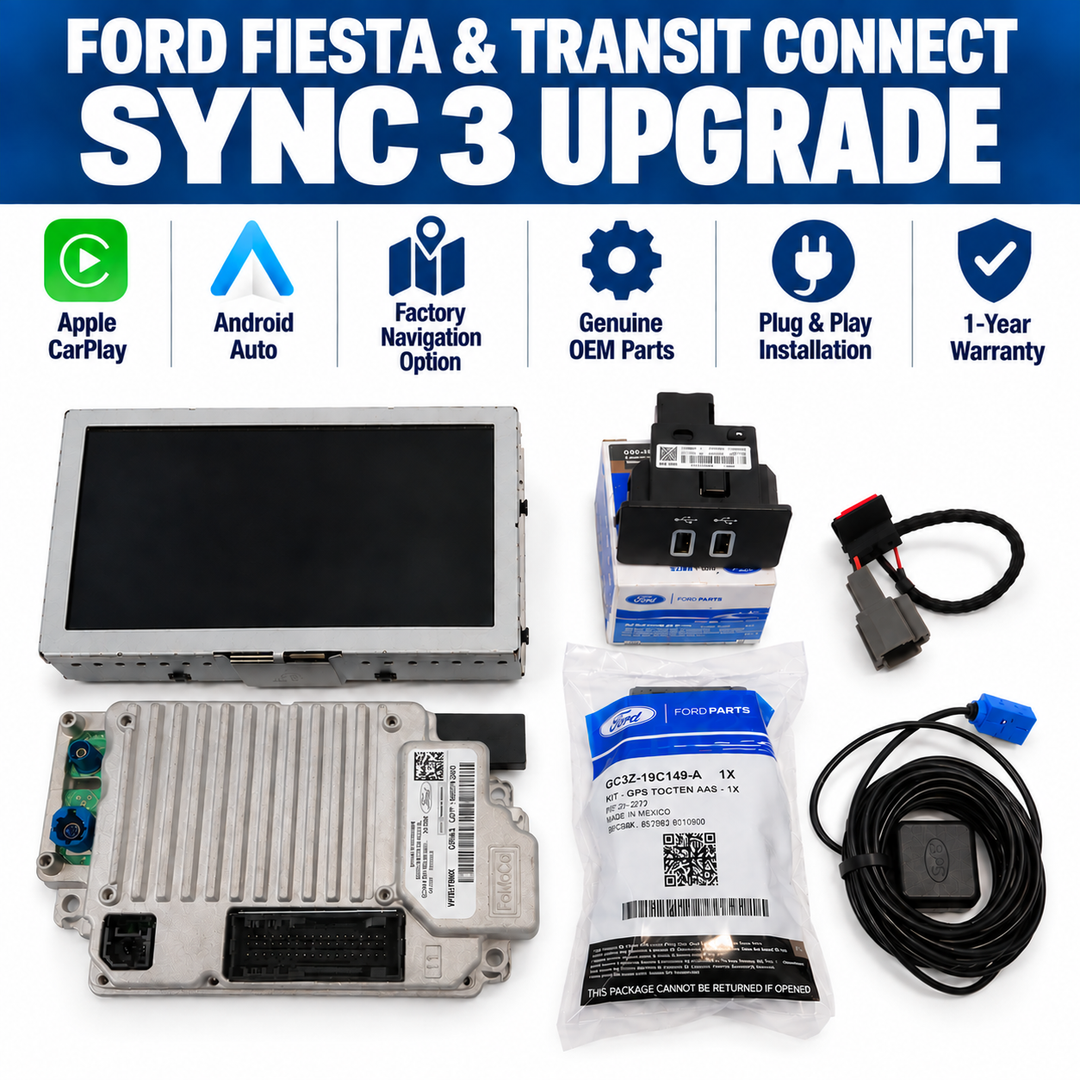 Ford Fiesta and Transit Connect SYNC 3 upgrade kit with Apple CarPlay, Android Auto, OEM Ford parts and VIN-programmed APIM
